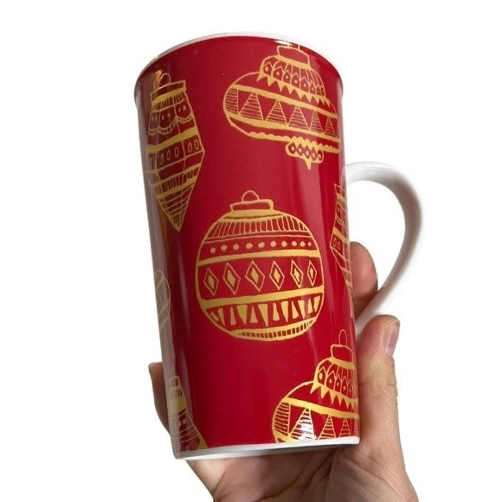 STARBUCKS Mug Tall Holiday 2015 Red Gold White